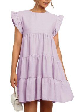 Women's Purple Casual Ruffle Sleeve Round Neck Solid Loose Fit Shift Mini Dress